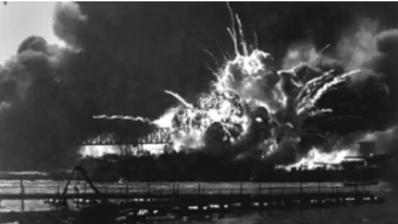 The USS Shaw explodes in Japanese attack on Pearl Harbor