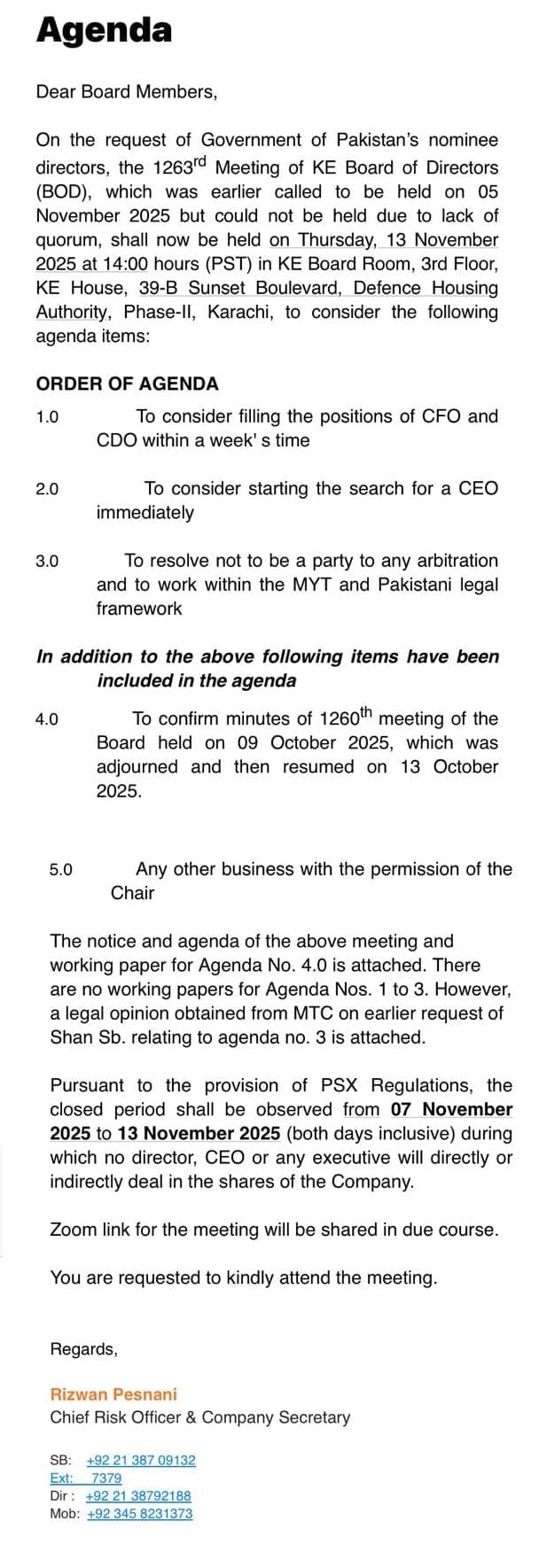 K-Electric Board Agenda
